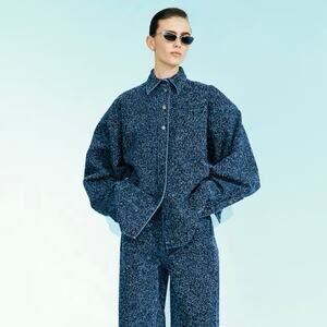 H&M Studio Bouclé Denim Oversized Jacket Shirt, Size S, Dark Blue